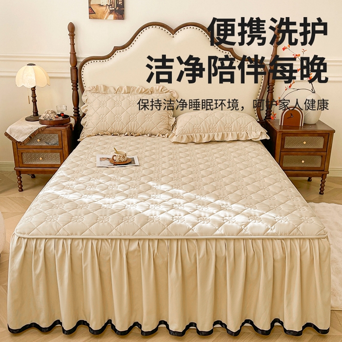 91家纺网 家纺一手货源 找家纺 笠裙家纺 2025新款A类原棉夹大豆棉加厚刺绣花语款系列床裙 花语-浅咖