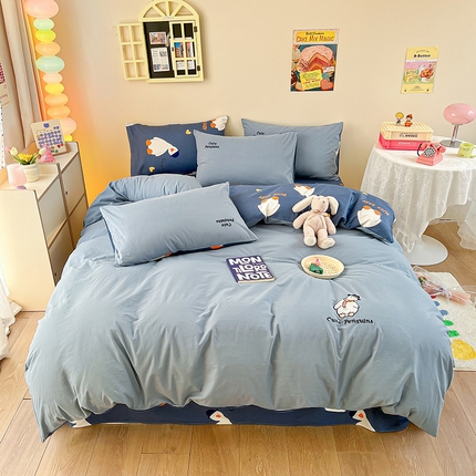 雅居纺家纺 2025新款全棉水洗棉绣花四件套 可爱鸭