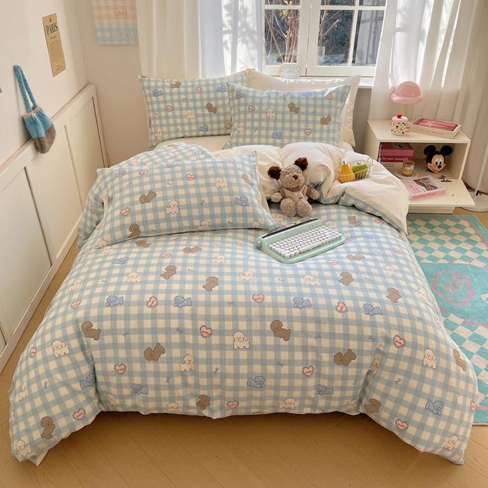 91家纺网 家纺一手货源 找家纺 六巷胡同 2025新款ins减龄可爱风卡通全棉四件套第一系 蓝格奶油狗