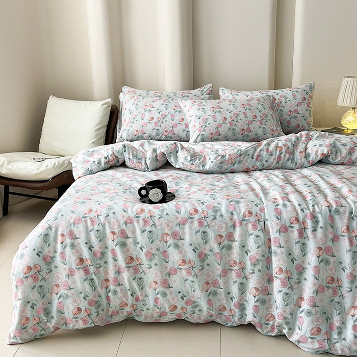 91家纺网 家纺一手货源 找家纺 2025新款针织棉双层纱四件套小碎花被套床单床笠款学生三件套新款直播热款-床图-系列一 花千朵