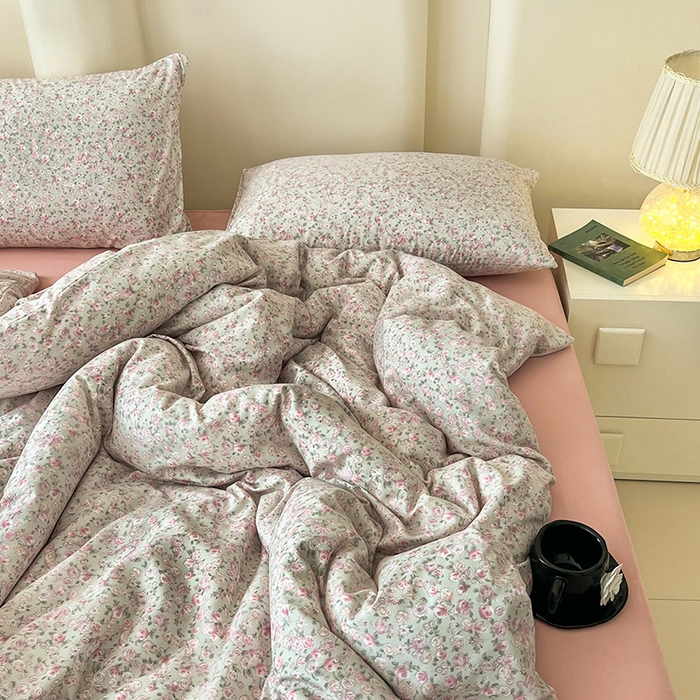 91家纺网 家纺一手货源 找家纺 暖芯优选 2025新款针织棉双层纱四件套小碎花被套床单床笠款学生三件套新款直播热款-床图-系列二 花叶扶