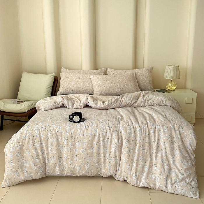 91家纺网 家纺一手货源 找家纺 2025新款针织棉双层纱四件套小碎花被套床单床笠款学生三件套新款直播热款-床图-系列一 萱花