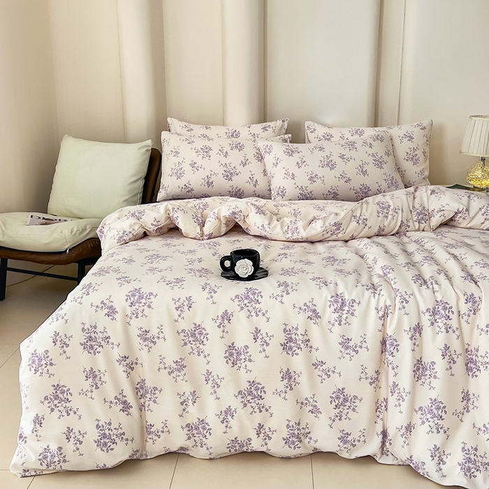 91家纺网 家纺一手货源 找家纺 暖芯优选 2025新款针织棉双层纱四件套小碎花被套床单床笠款学生三件套新款直播热款-床图-系列二 紫熏