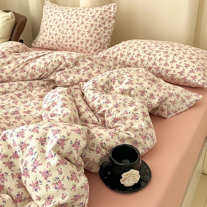 91家纺网 家纺一手货源 找家纺 暖芯优选 2025新款针织棉双层纱四件套小碎花被套床单床笠款学生三件套新款直播热款-床图-系列二 安露斯