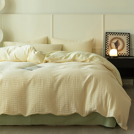 雅居纺家纺 2025新款全棉泡泡纱四件套 泡泡纱米黄+清新绿
