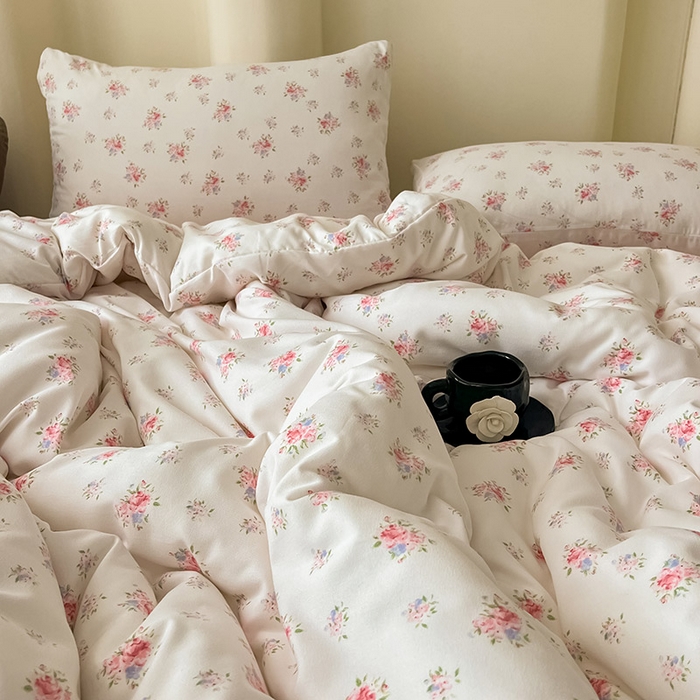 91家纺网 家纺一手货源 找家纺 2025新款针织棉双层纱四件套小碎花被套床单床笠款学生三件套新款直播热款-床图-系列一 婉然