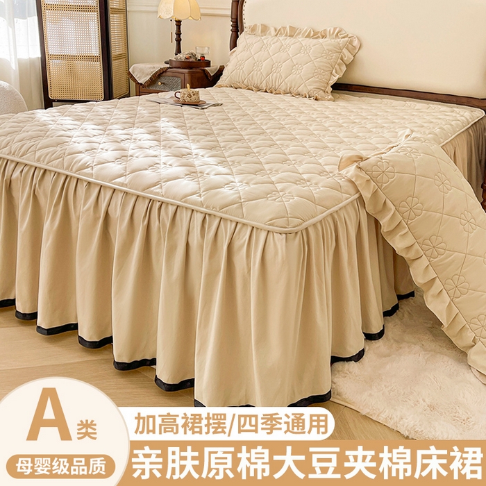 91家纺网 家纺一手货源 找家纺 笠裙家纺 2025新款A类原棉夹大豆棉加厚刺绣花语款系列床裙 花语-浅咖