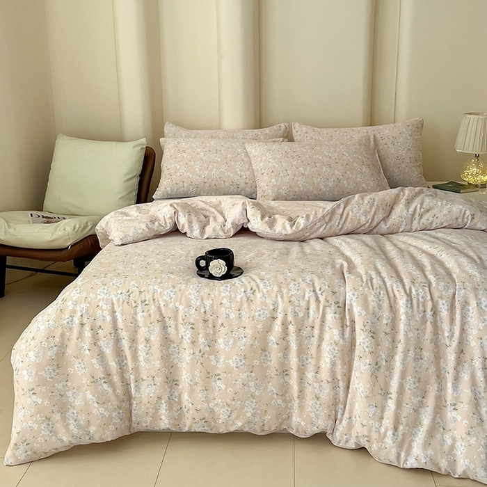 91家纺网 家纺一手货源 找家纺 2025新款针织棉双层纱四件套小碎花被套床单床笠款学生三件套新款直播热款-床图-系列一 萱花