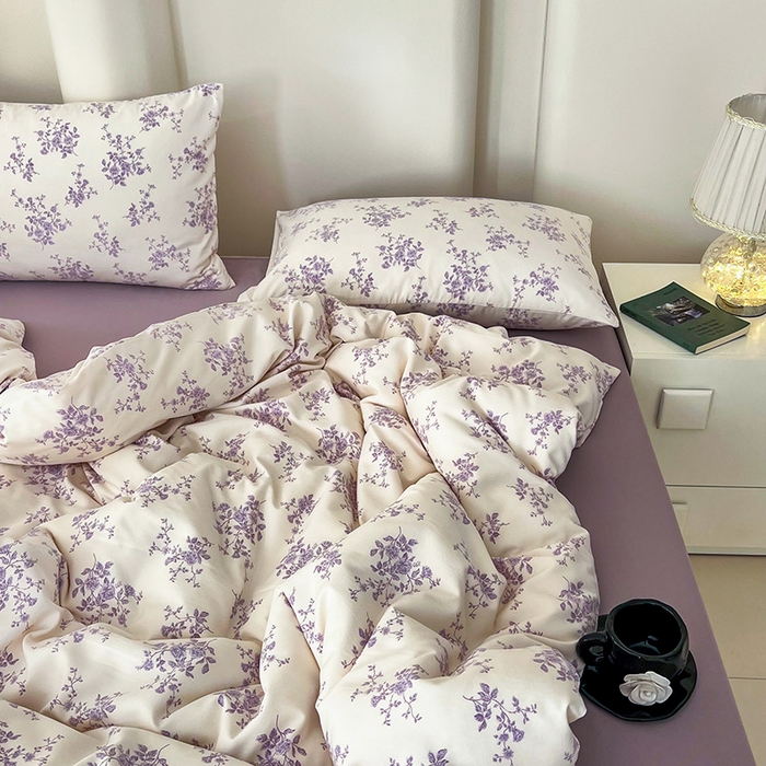 91家纺网 家纺一手货源 找家纺 暖芯优选 2025新款针织棉双层纱四件套小碎花被套床单床笠款学生三件套新款直播热款-床图-系列二 紫熏