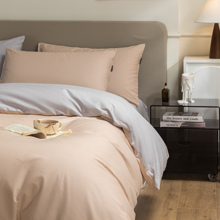 卧趣家纺 2025新品全棉A类长绒棉纯色双拼四件套 白桃粉+北欧灰