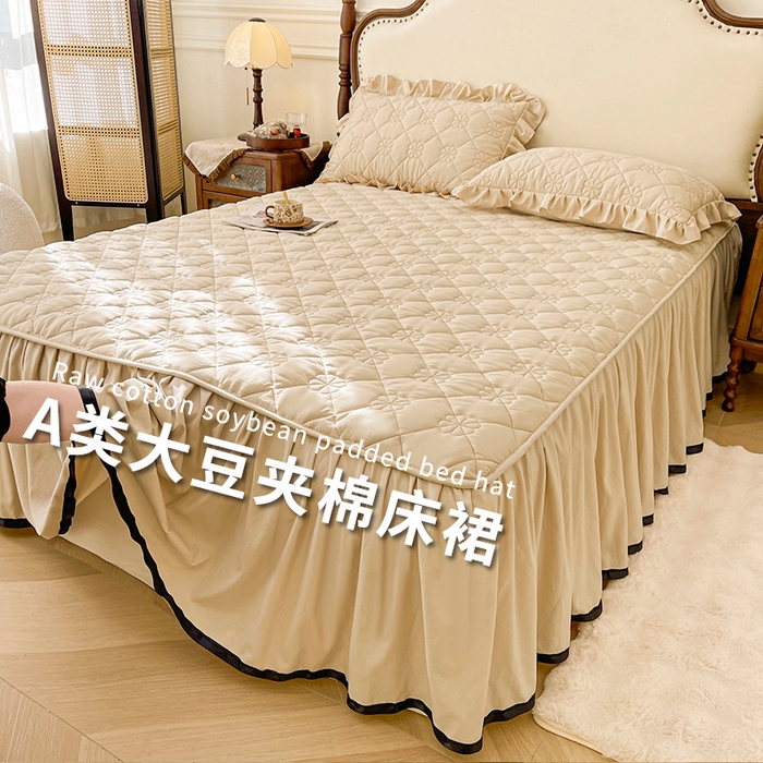 91家纺网 家纺一手货源 找家纺 笠裙家纺 2025新款A类原棉夹大豆棉加厚刺绣花语款系列床裙 花语-浅咖