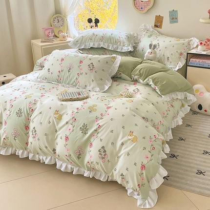 91家纺网 家纺一手货源 找家纺 （总）思诺羽床笠 2025新款奶乎乎印花水洗棉高克重花边四件套 专版花型