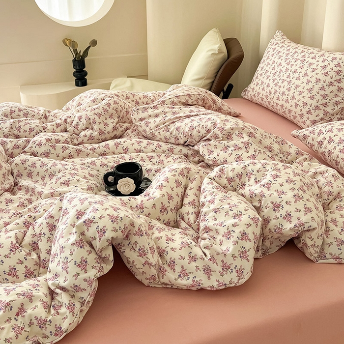 91家纺网 家纺一手货源 找家纺 暖芯优选 2025新款针织棉双层纱四件套小碎花被套床单床笠款学生三件套新款直播热款-床图-系列二 安露斯