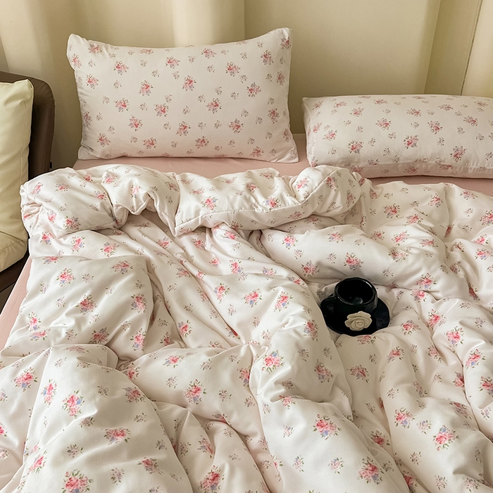 91家纺网 家纺一手货源 找家纺 2025新款针织棉双层纱四件套小碎花被套床单床笠款学生三件套新款直播热款-床图-系列一 婉然