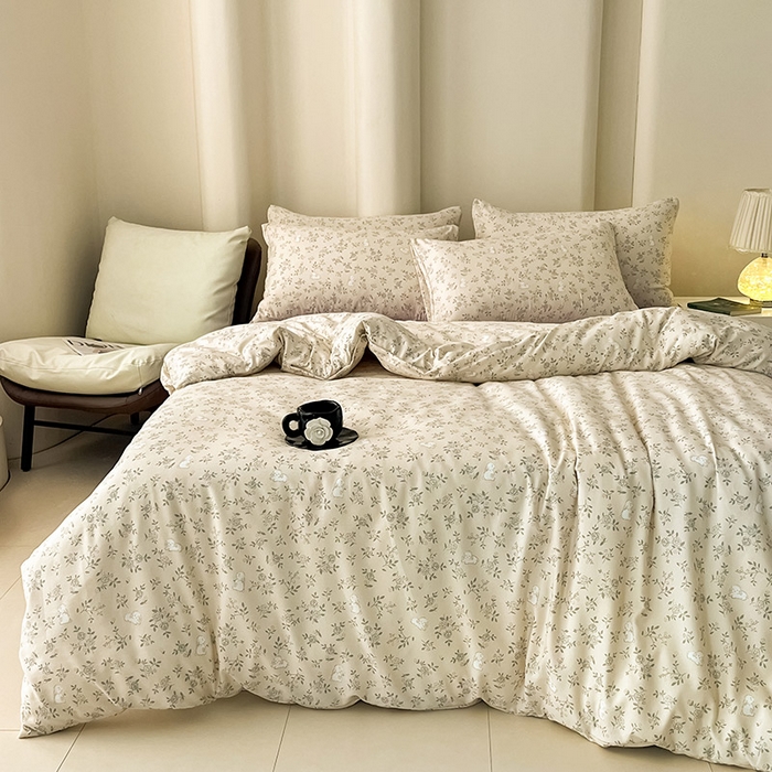 91家纺网 家纺一手货源 找家纺 2025新款针织棉双层纱四件套小碎花被套床单床笠款学生三件套新款直播热款-床图-系列一 安琪拉