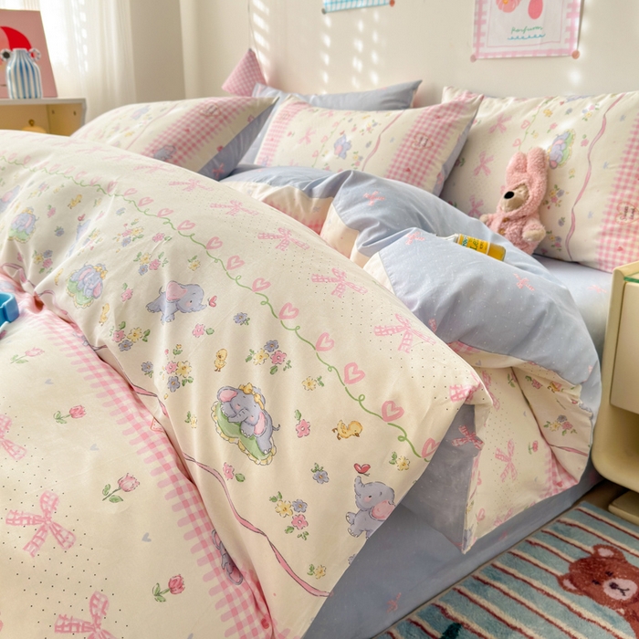 91家纺网 家纺一手货源 找家纺 曼之夏 2025新款全棉印花四件套 花环小象