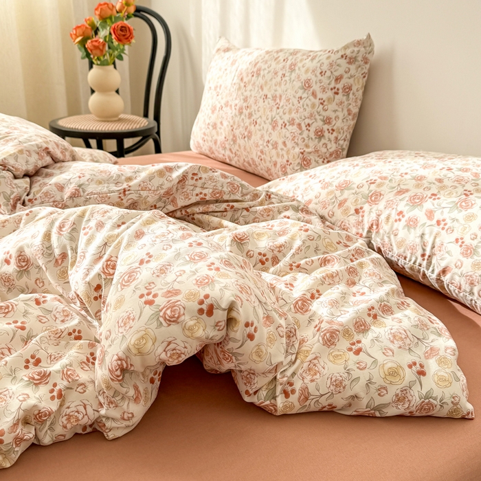 91家纺网 家纺一手货源 找家纺 漫仙阁家纺 2025年爆款新品有氧双层纱四件套-碎花 薄雾玫瑰-橙