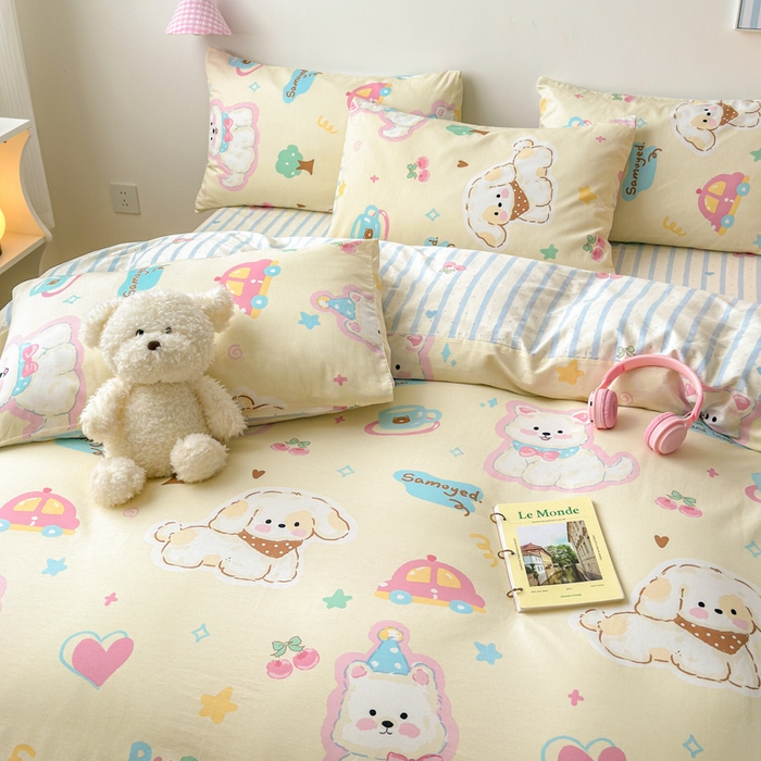 91家纺网 家纺一手货源 找家纺 曼之夏 2025新款全棉印花四件套 可爱比熊狗