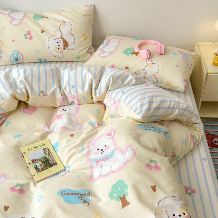 91家纺网 家纺一手货源 找家纺 曼之夏 2025新款全棉印花四件套 可爱比熊狗