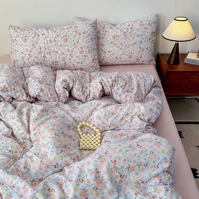 91家纺网 家纺一手货源 找家纺 漫仙阁家纺 2025年爆款新品有氧双层纱四件套-碎花 薄雾玫瑰-蓝