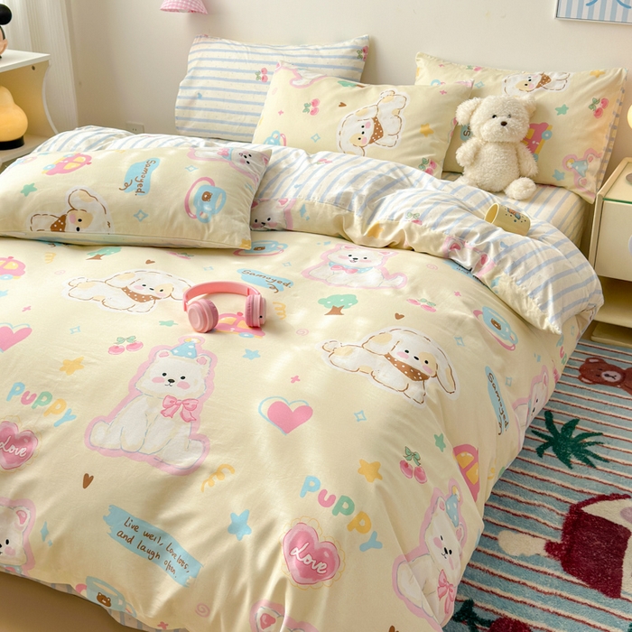 91家纺网 家纺一手货源 找家纺 曼之夏 2025新款全棉印花四件套 可爱比熊狗