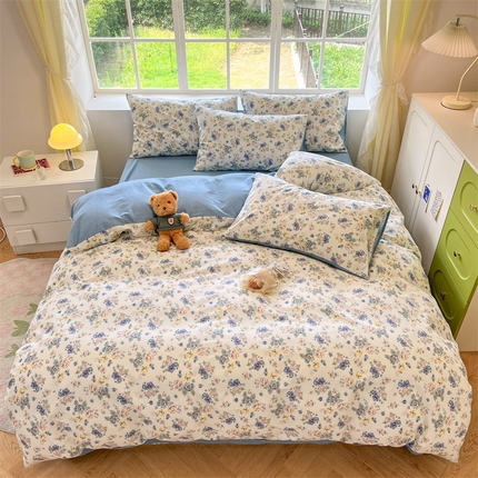 2025新款全棉纯棉磨毛印花四件套轻奢时尚 花意-蓝