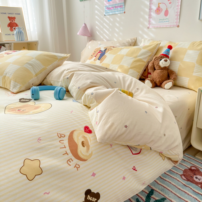 91家纺网 家纺一手货源 找家纺 曼之夏 2025新款全棉印花四件套 黄油小熊