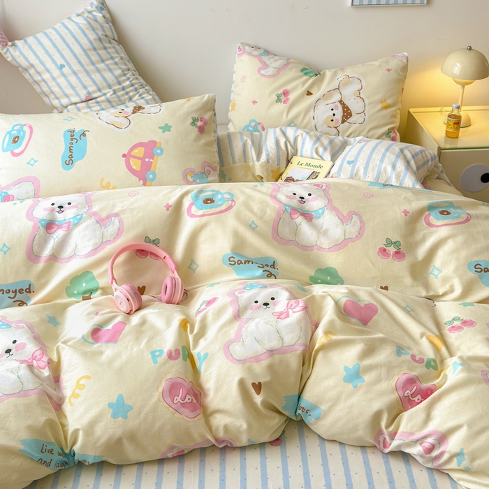 91家纺网 家纺一手货源 找家纺 曼之夏 2025新款全棉印花四件套 可爱比熊狗