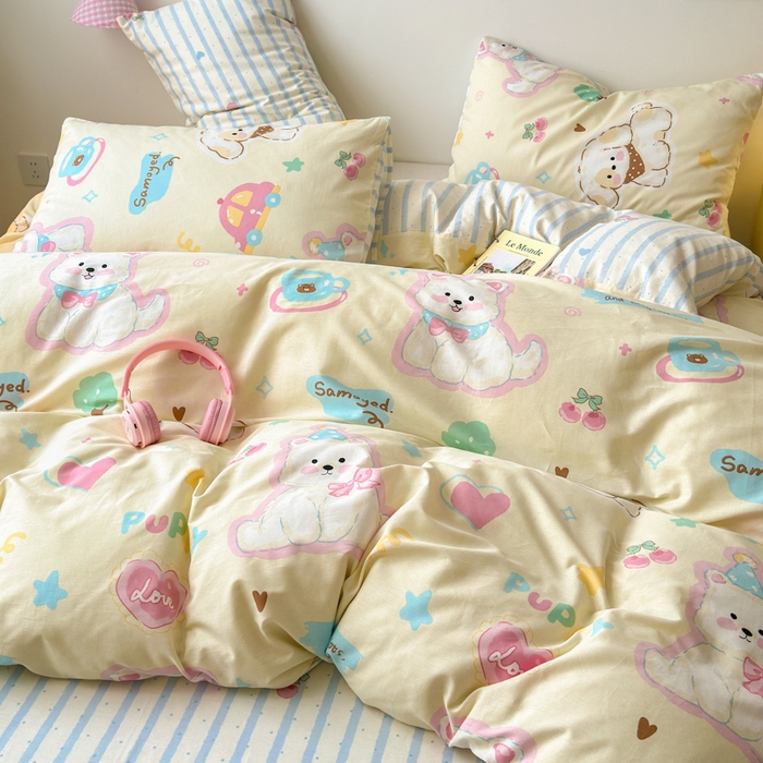 91家纺网 家纺一手货源 找家纺 曼之夏 2025新款全棉印花四件套 可爱比熊狗