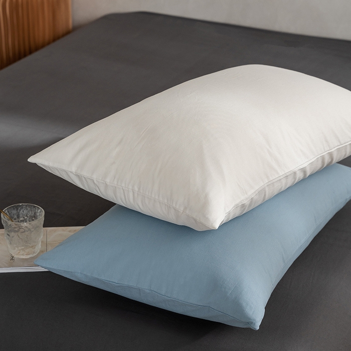 91家纺网 家纺一手货源 找家纺 雅居纺家纺 2025新款全棉素色水洗棉单枕套 白+浅蓝