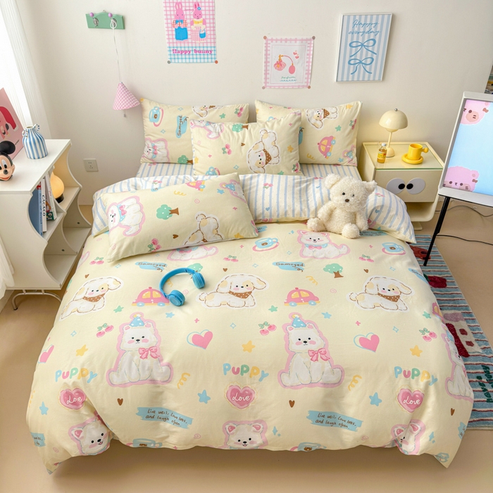 91家纺网 家纺一手货源 找家纺 曼之夏 2025新款全棉印花四件套 可爱比熊狗