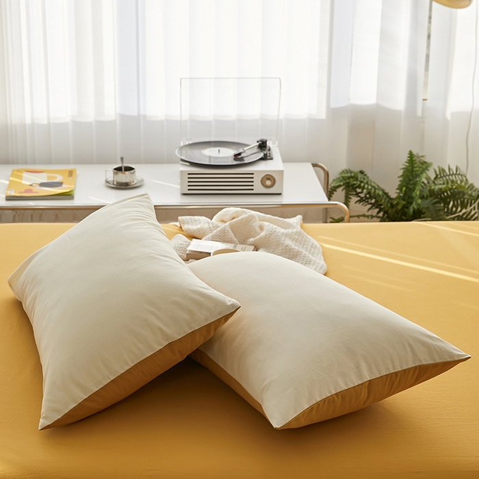 91家纺网 家纺一手货源 找家纺 雅居纺家纺 2025新款全棉素色水洗棉单枕套 米黄明黄