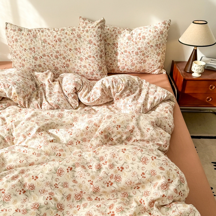 91家纺网 家纺一手货源 找家纺 漫仙阁家纺 2025年爆款新品有氧双层纱四件套-碎花 薄雾玫瑰-橙