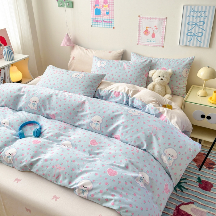 91家纺网 家纺一手货源 找家纺 曼之夏 2025新款全棉印花四件套 蝴蝶结小狗