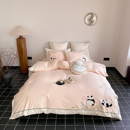 MIU缪家居 2025新款100支全棉磨毛四件套-熊猫与竹 熊猫与竹-嫩粉