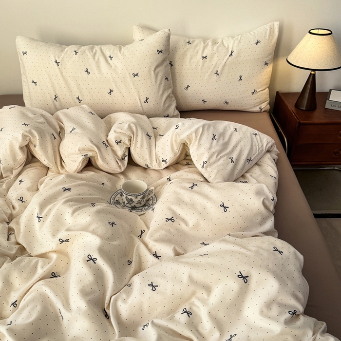 91家纺网 家纺一手货源 找家纺 漫仙阁家纺 2025年爆款新品有氧双层纱四件套-碎花 蝴蝶可颂-咖