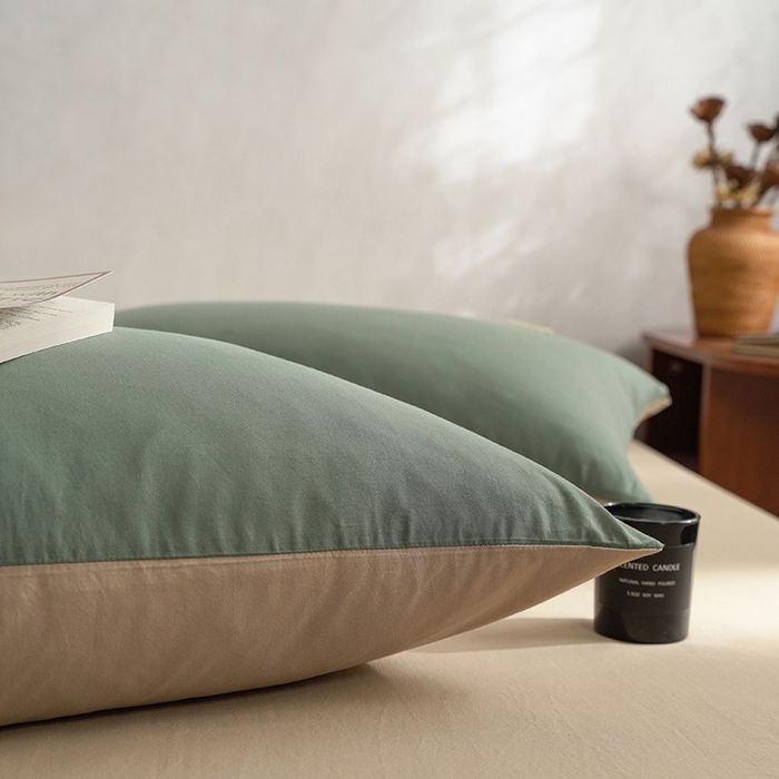 91家纺网 家纺一手货源 找家纺 雅居纺家纺 2025新款全棉素色水洗棉单枕套 墨子绿卡其