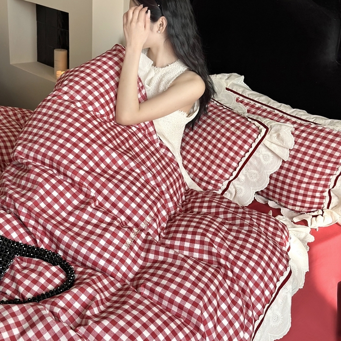 91家纺网 家纺一手货源 找家纺 MIU缪家居 2025新款100支全棉磨毛四件套-漫时光 漫时光-红白格