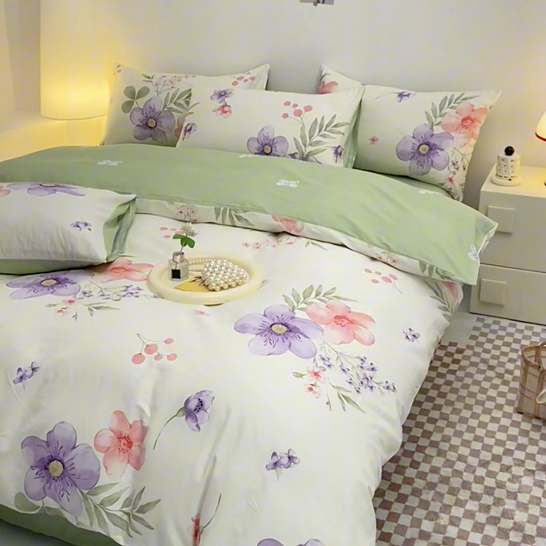 91家纺网 家纺一手货源 找家纺 宇彬家纺 2026直播新款13070全棉纯棉印花床单床笠款四件套和单被套喷气清新简约（缩水足可定做） 春和景明
