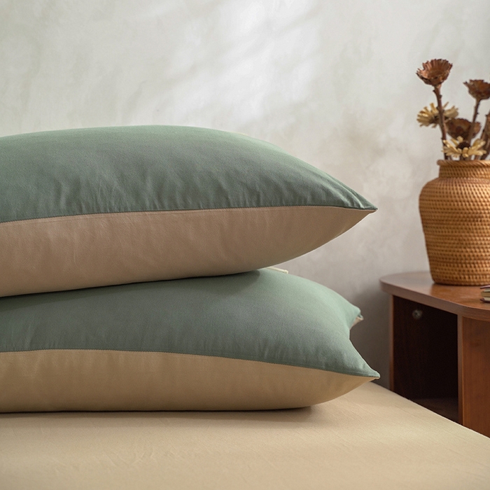 91家纺网 家纺一手货源 找家纺 雅居纺家纺 2025新款全棉素色水洗棉单枕套 墨子绿卡其