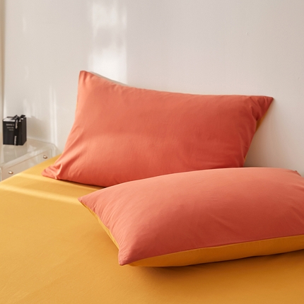 雅居纺家纺 2025新款全棉素色水洗棉单枕套 双拼橙+明黄