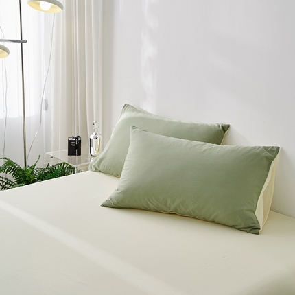 91家纺网 家纺一手货源 找家纺 雅居纺家纺 2025新款全棉素色水洗棉单枕套 豆绿米黄