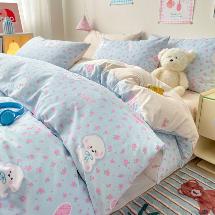 91家纺网 家纺一手货源 找家纺 曼之夏 2025新款全棉印花四件套 蝴蝶结小狗