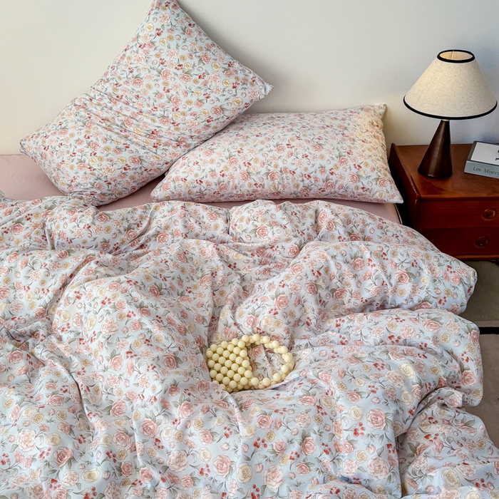 91家纺网 家纺一手货源 找家纺 漫仙阁家纺 2025年爆款新品有氧双层纱四件套-碎花 薄雾玫瑰-蓝