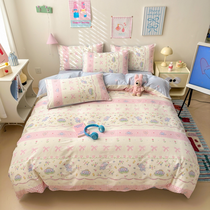 91家纺网 家纺一手货源 找家纺 曼之夏 2025新款全棉印花四件套 花环小象