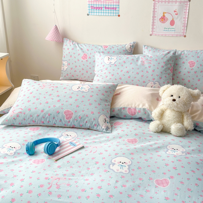 91家纺网 家纺一手货源 找家纺 曼之夏 2025新款全棉印花四件套 蝴蝶结小狗