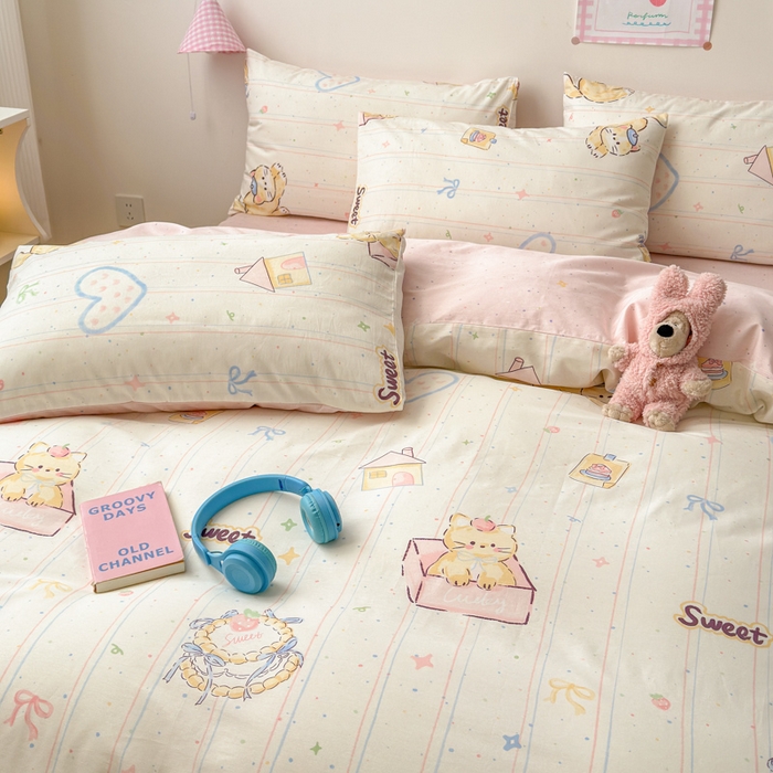 91家纺网 家纺一手货源 找家纺 曼之夏 2025新款全棉印花四件套 萌萌猫咪