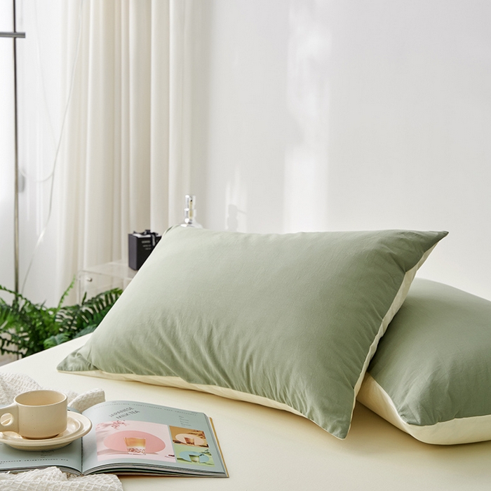 91家纺网 家纺一手货源 找家纺 雅居纺家纺 2025新款全棉素色水洗棉单枕套 豆绿米黄