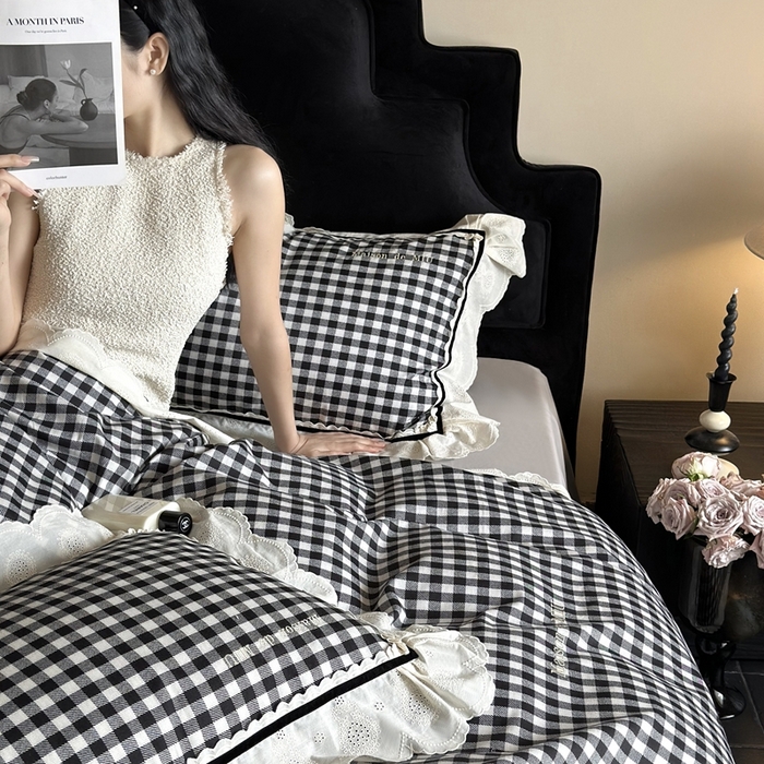 91家纺网 家纺一手货源 找家纺 MIU缪家居 2025新款100支全棉磨毛四件套-漫时光 漫时光-黑白格