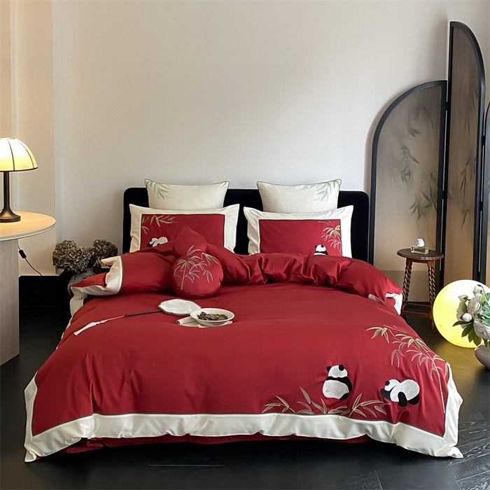91家纺网 家纺一手货源 找家纺 MIU缪家居 2025新款100支全棉磨毛四件套-熊猫与竹 熊猫与竹-红色